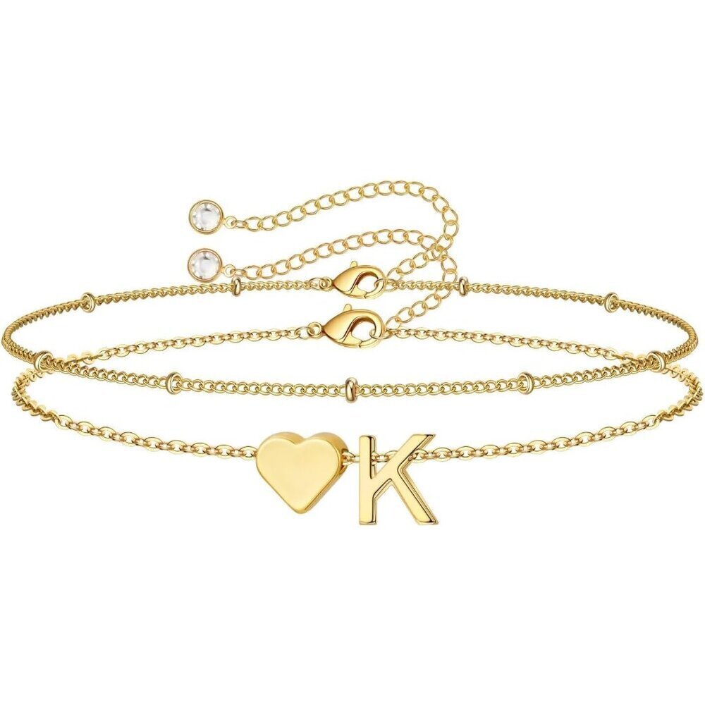 Initial Heart Bracelets for Women Gold-Plated Dainty Layered Adjustable